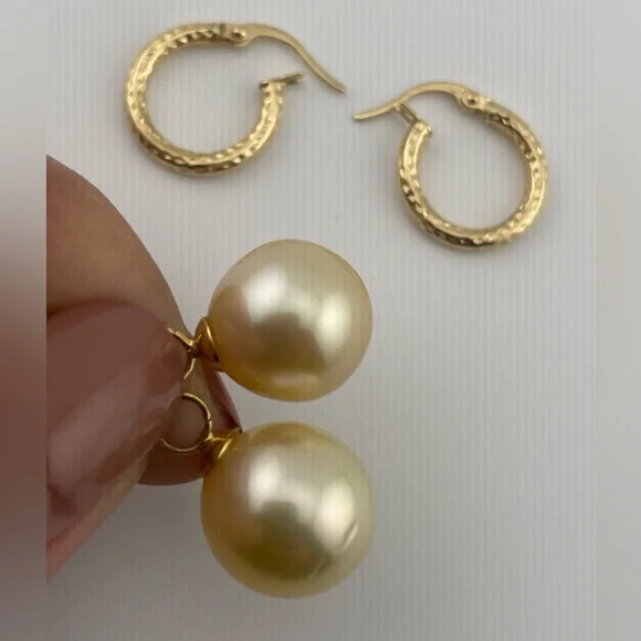 18K Gold Huggie Earrings with Champagne South Sea Pearl Drops 12mm - Picture 13 of 16